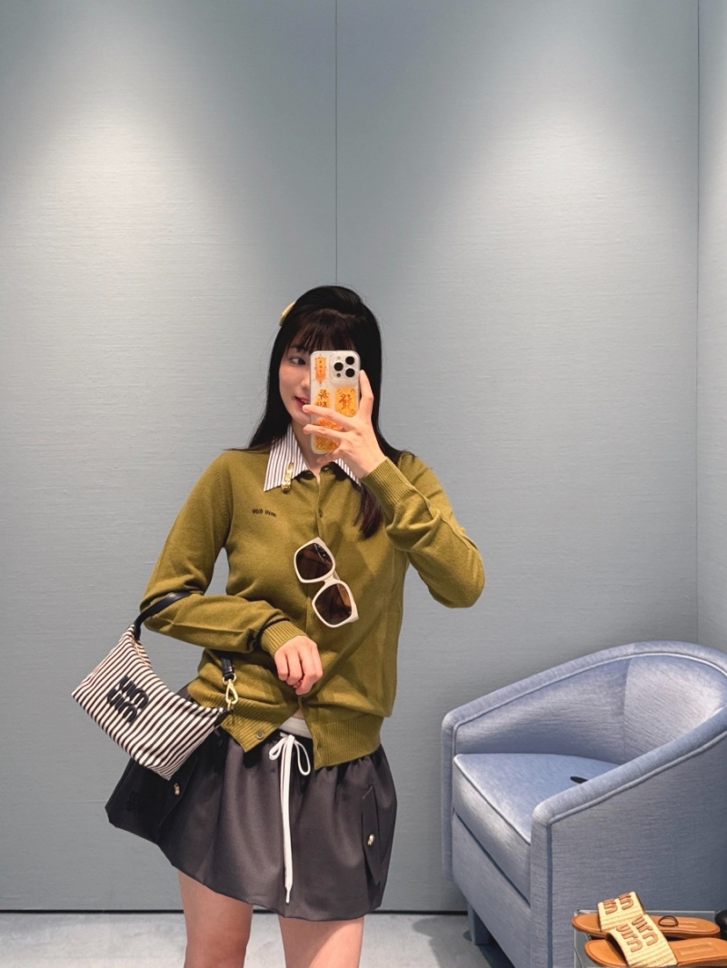 Miu Miu Olive Green Letter Jacquard Knit Cardigan - Luxe Early Autumn Exclusive