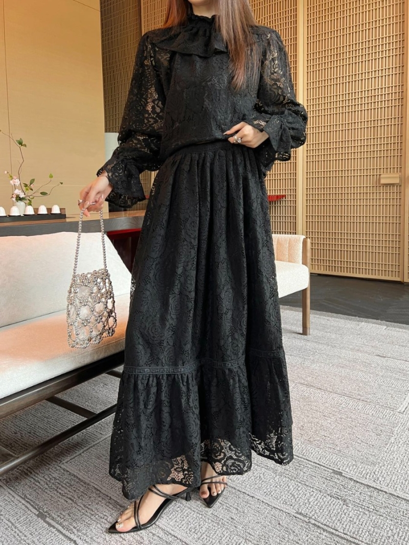 Chanel Exclusive Black Lace French Skirt with Logo Embroidery and Flounced Hem