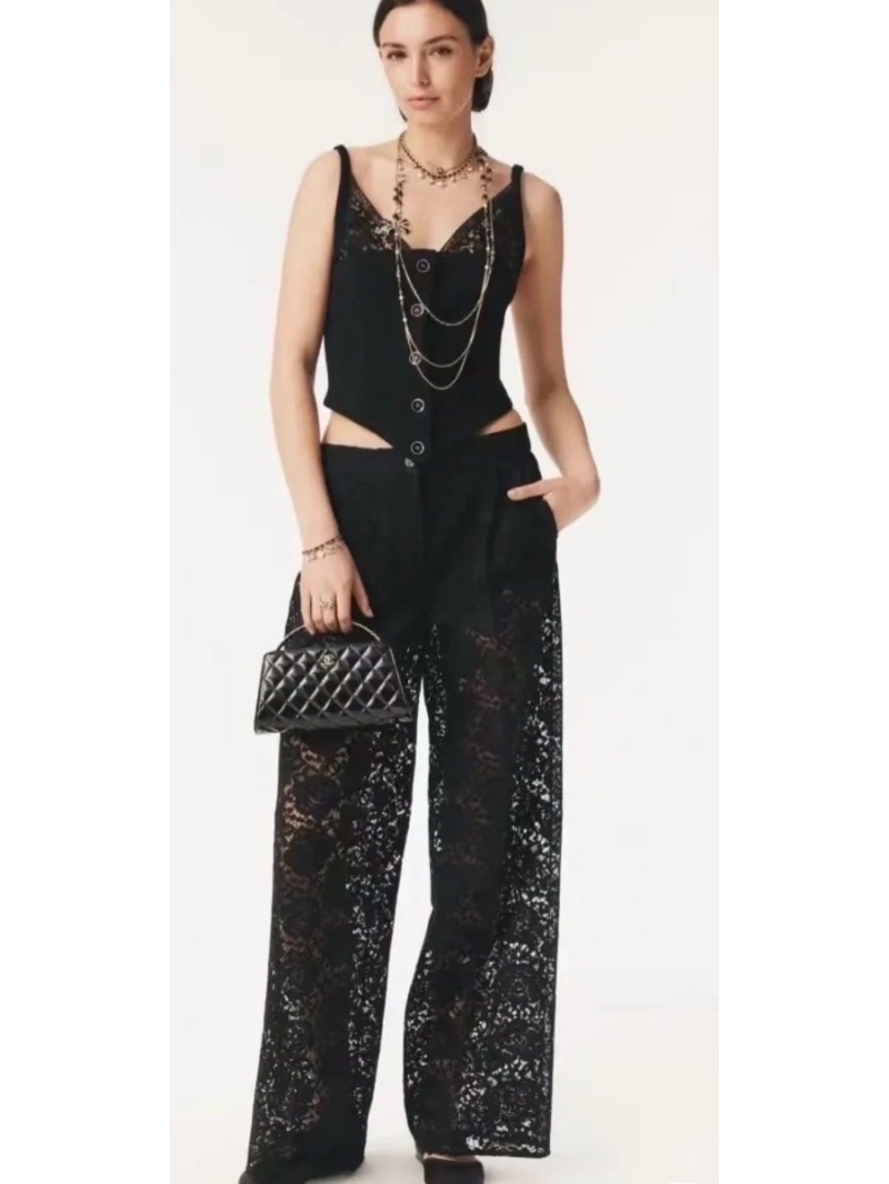 Chanel French Black Lace Pants | Camellia-Embroidered High-Waist Trousers