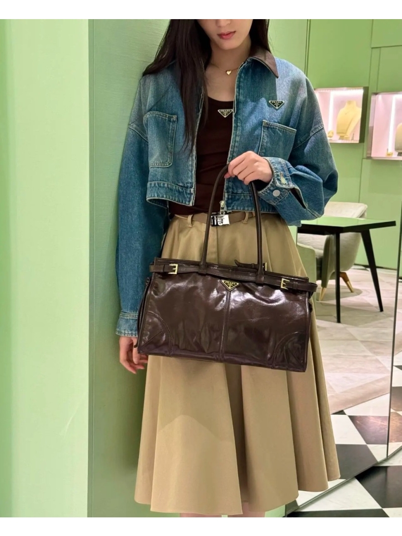 PRADA Luxe Enzyme-Washed Vintage Leather Collar Denim Jacket - Classic Relaxed Fit