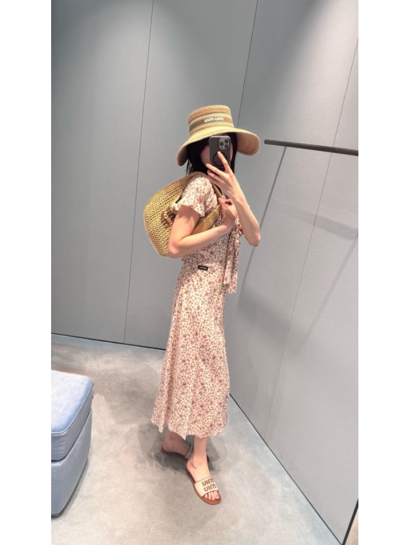 Miu Miu 25FW Early Autumn Floral Print V-Neck Tie-Bow Waist Dress