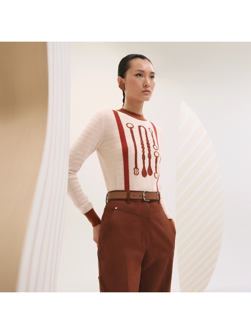 Hermes Early Autumn 25 Saddle Training Embroidered Cashmere Long-Sleeve Knit Sweater in Orange