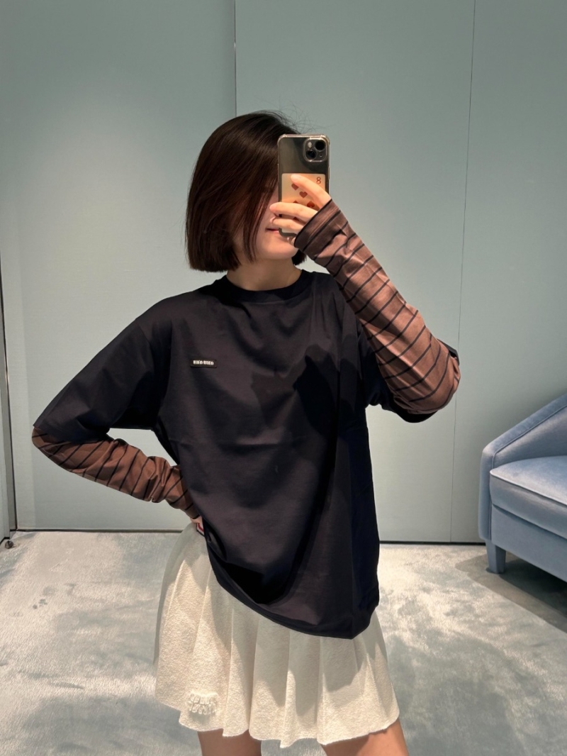 Miu Miu Unisex Early Autumn Navy Striped Faux Two-Piece Long Sleeve T-Shirt - Exclusive & Trendy