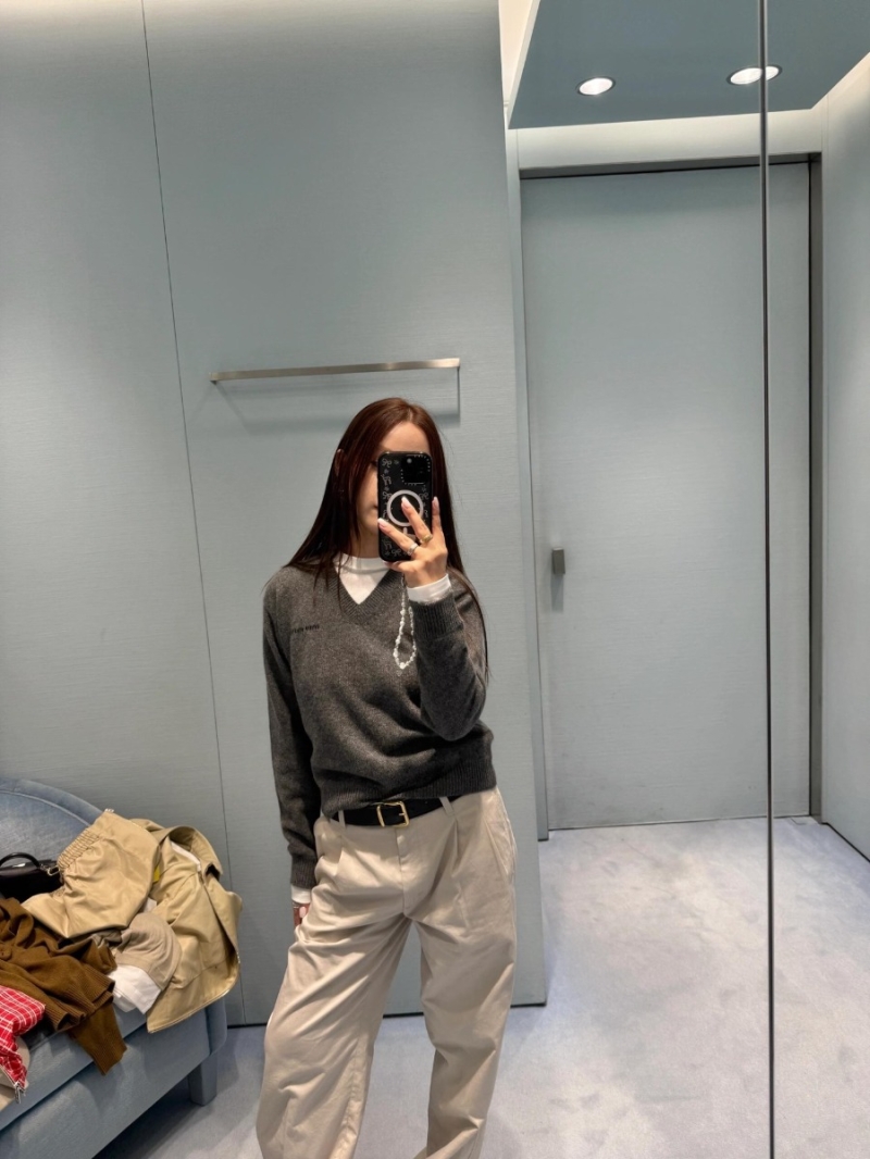 Miu Miu Grey Faux Two-Piece V-Neck Long Sleeve Knit Sweater - Luxe Cashmere Wool Blend