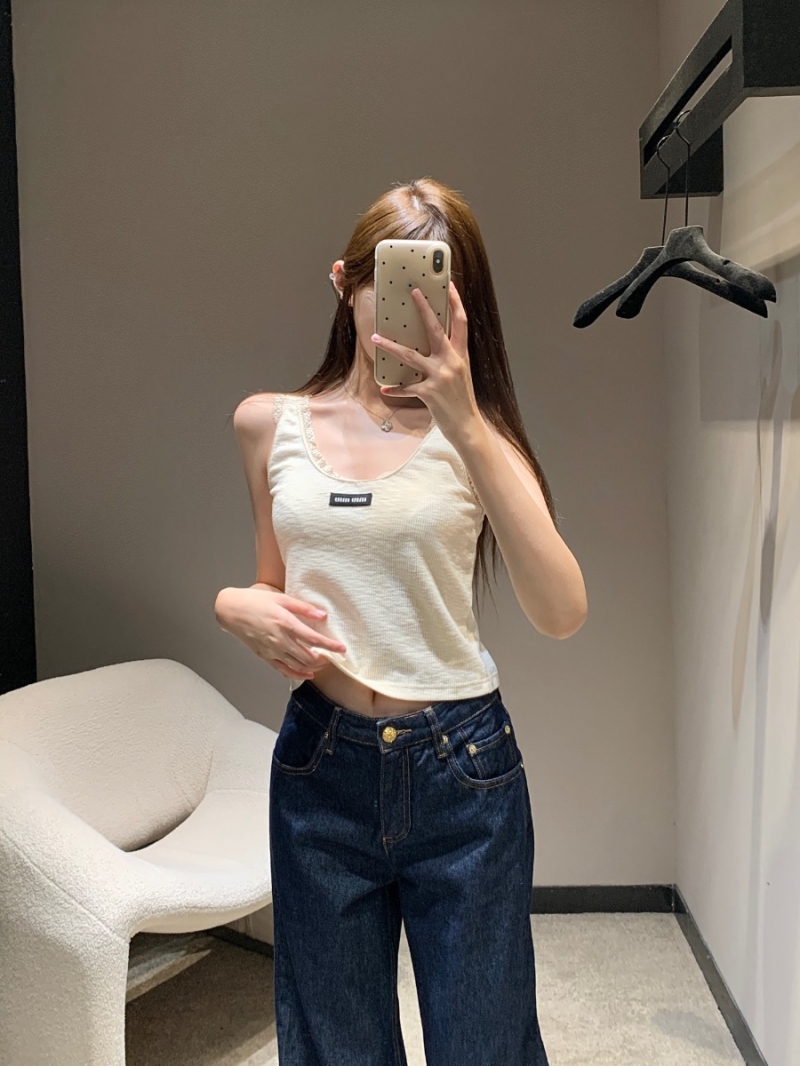 Miu Miu Spring Summer Lace-Trimmed Tank Top - Luxe Ribbed Cotton