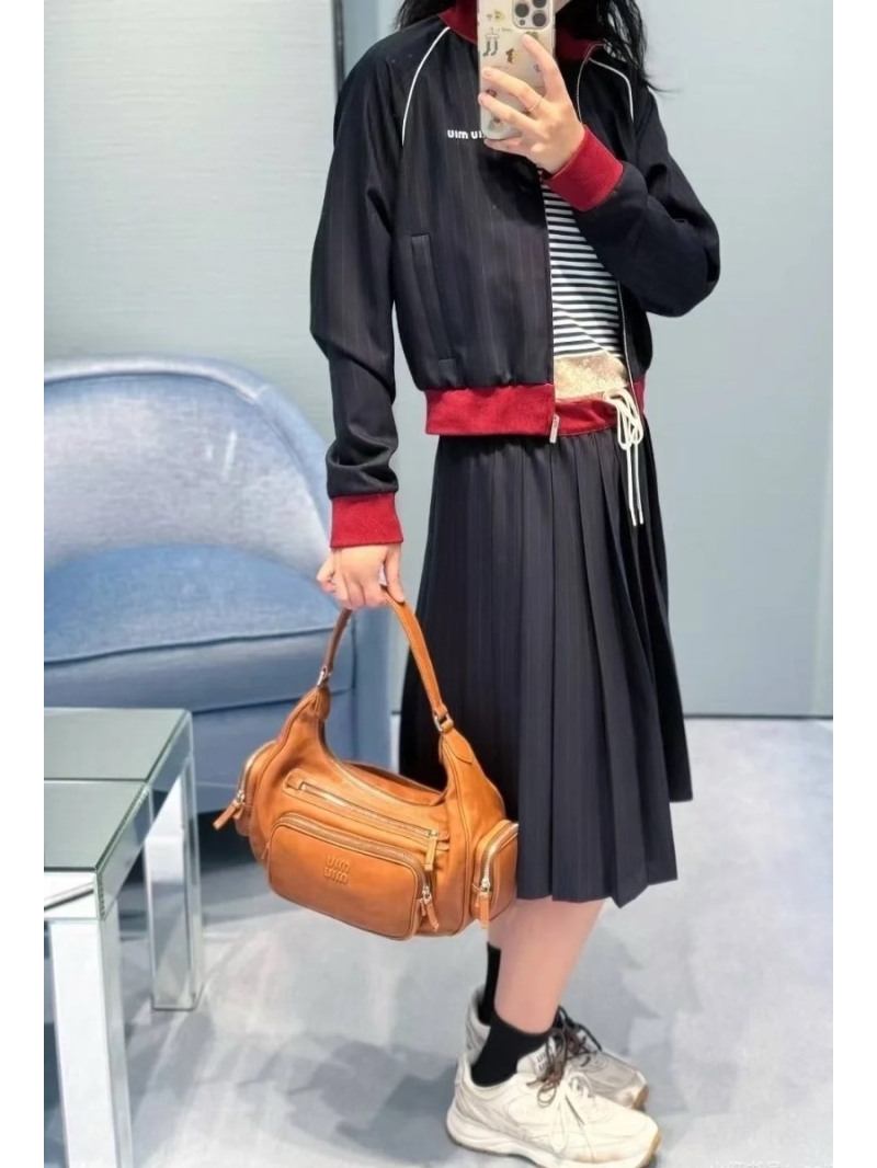 Miu Miu Exclusive Pleated Midi Skirt in Navy Blue - Luxe Wool Blend with Contrast Ribbon Waist