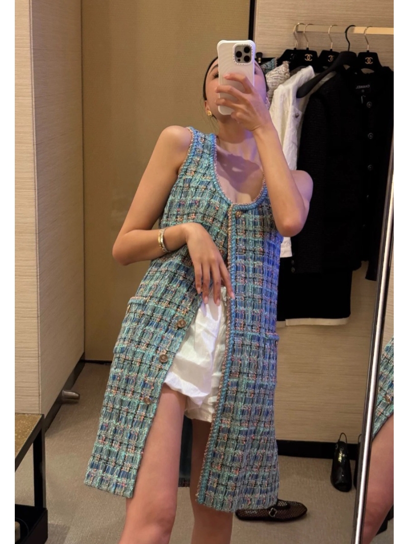 Chanel Coco 25A Luxe Peacock Green Tweed Vest Dress with Lion Head Coin Buttons