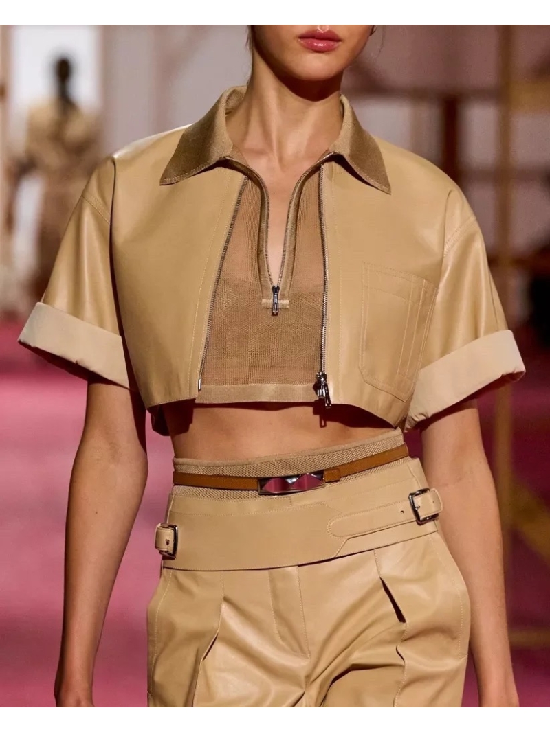 Hermès Luxe Modern Vintage Short Sleeve Jacket in Khaki - 100% New Zealand Lambskin