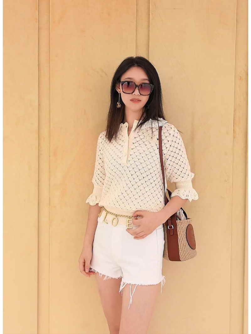 Chloé Spring Summer Crochet Lace Doll Collar Knit Top - Luxe Milk Apricot