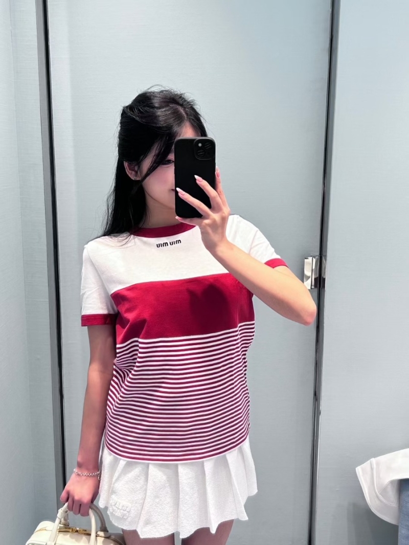 Miu Miu Striped Round Neck Short-Sleeve T-Shirt in Red & White | Luxe Cotton Poplin | Slim Fit Casual Elegance