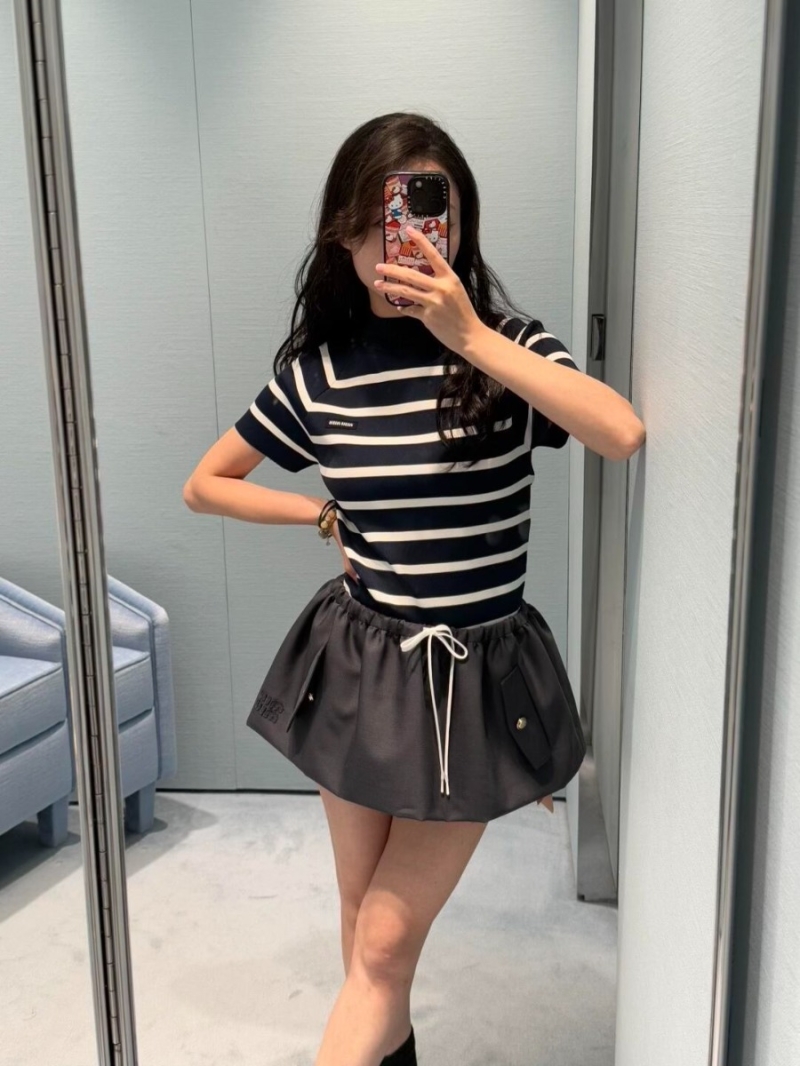 Miu Miu Exclusive Early Fall Ballet Skirt with Applique Embroidery and Drawstring in Dark Navy Blue