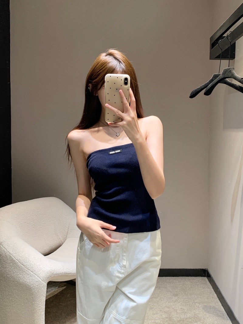 Miu Miu Exclusive Early Fall Knit Bandeau Top in Navy Blue - Slim Fit with Subtle Logo Embellishment