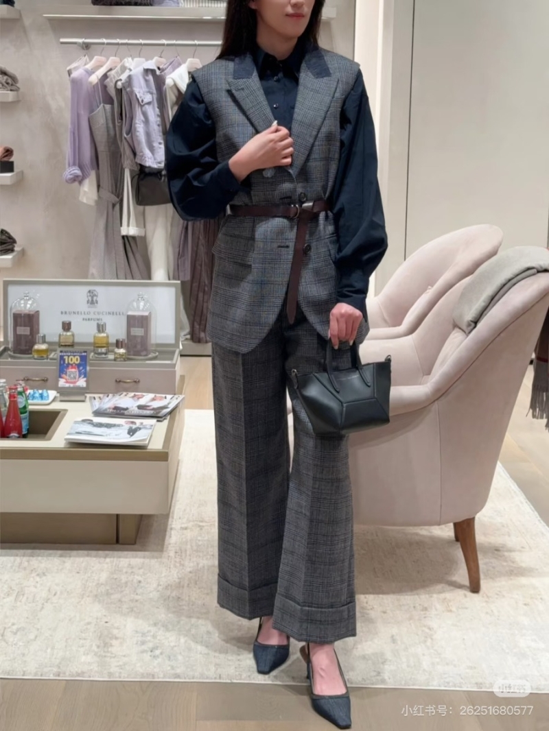 Brunello Cucinelli Early Autumn Grey-Blue Checkered Straight-Leg Trousers