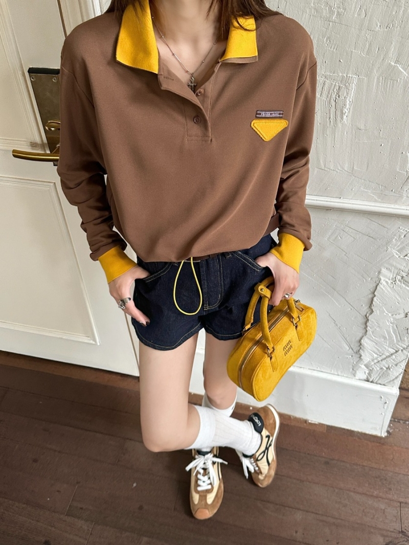 Prada Long-Sleeve Polo Shirt, Brown with Yellow Contrast Collar and Cuffs, Relaxed Fit, Drawstring Hem