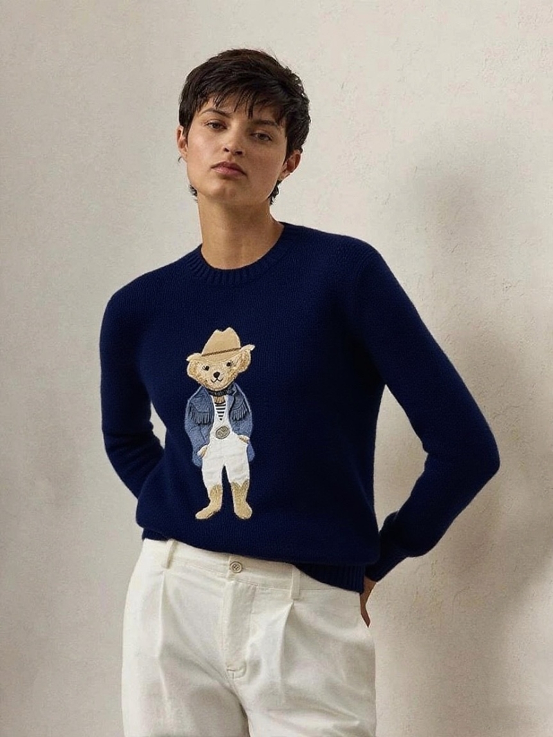 Ralph Lauren Purple Label Embroidered Teddy Bear Intarsia Sweater in Navy Blue