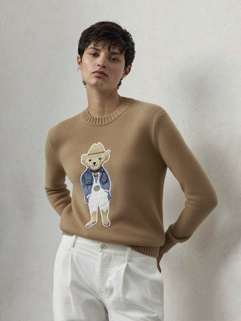 Ralph Lauren Purple Label Teddy Bear Intarsia Knit Sweater in Beige | 95% Wool 5% Cashmere