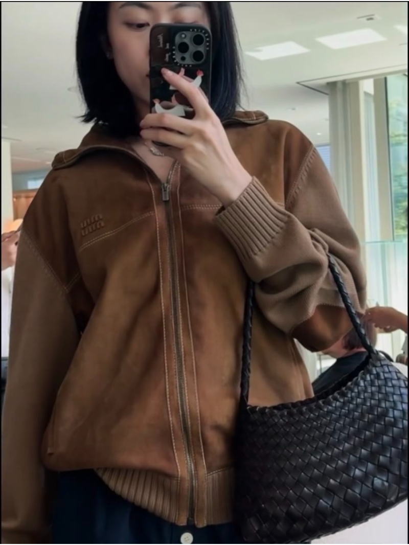 Miu Miu Lambskin Suede Ribbed Knit Bomber Jacket in Chocolate Brown