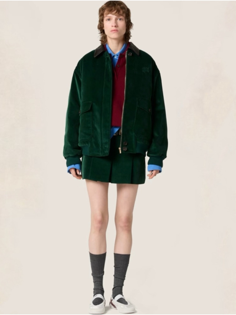 Miu Miu Unisex Luxe Corduroy Bomber Jacket with Genuine Lamb Leather Collar in Exclusive Jewel Green