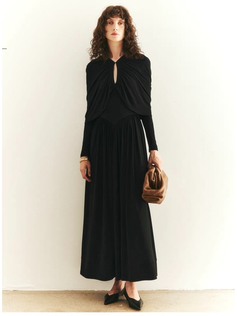 Alaia Exclusive Black Draped V-Neck Long Dress with Shawl Collar