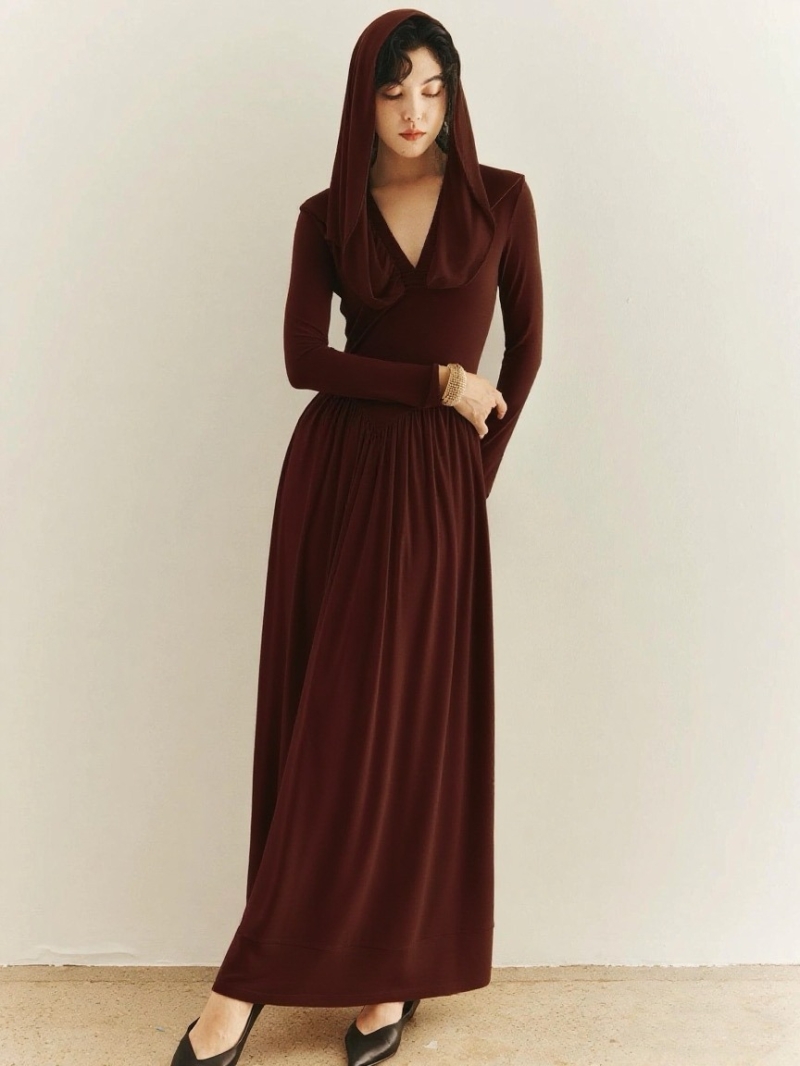 Alaia Exclusive Luxe V-Neck Draped Palazzo Long Dress in Deep Burgundy
