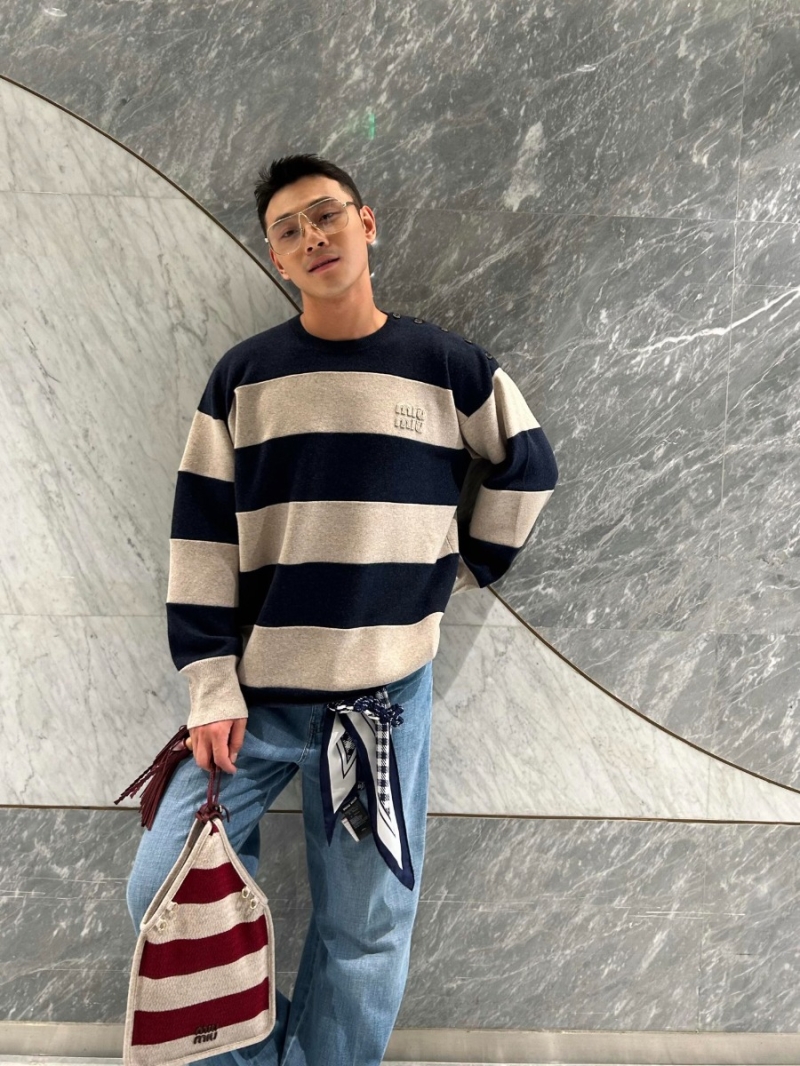 Miu Miu Unisex Striped Wool Sweater in Navy and Beige | Relaxed Fit with Vintage Button Detail