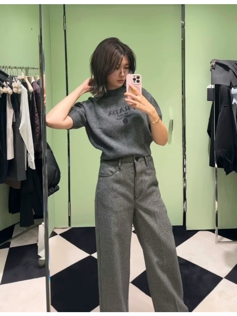 Prada High-Waisted Wide-Leg Plaid Trousers - Tailored Charcoal Gray Checkered Office Pants
