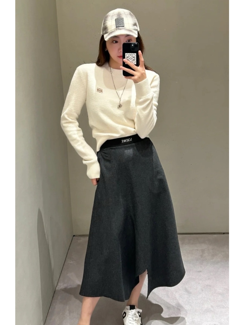Loewe Exclusive Luxe Wool Blend Long Skirt in Grey - A-Line Asymmetrical Hem with Logo Waistband