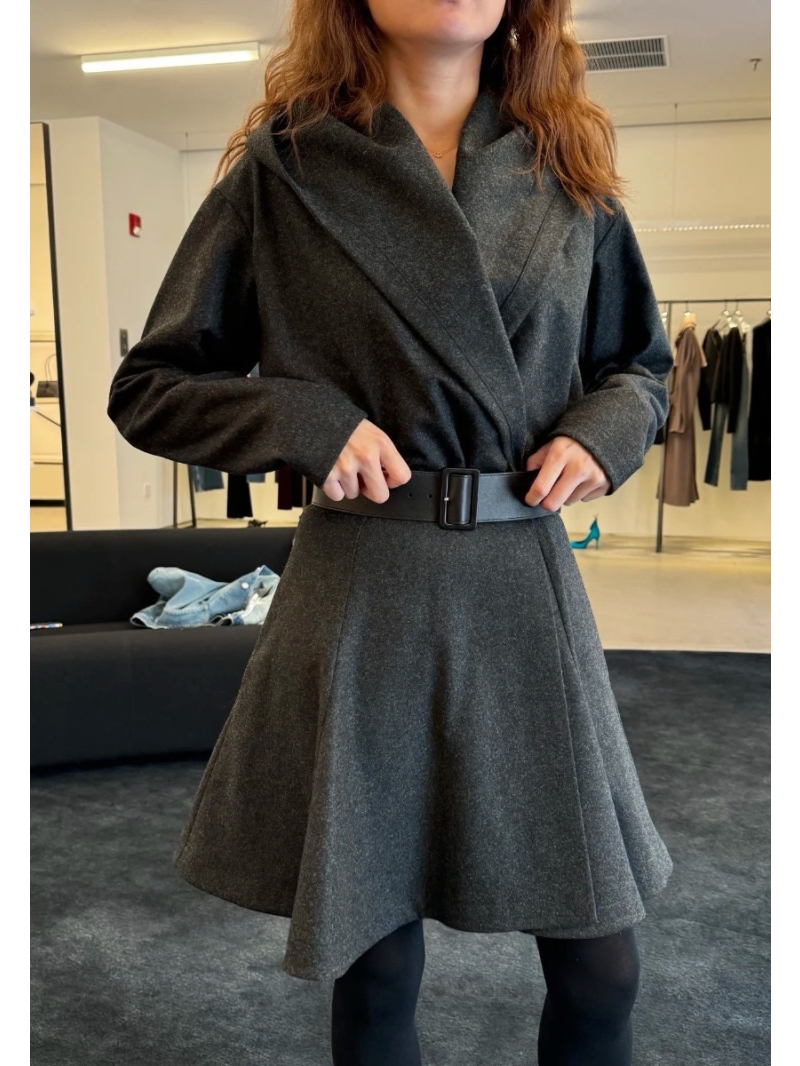 ALAIA Grey Wool Hooded Belted Dress with Flared Silhouette
