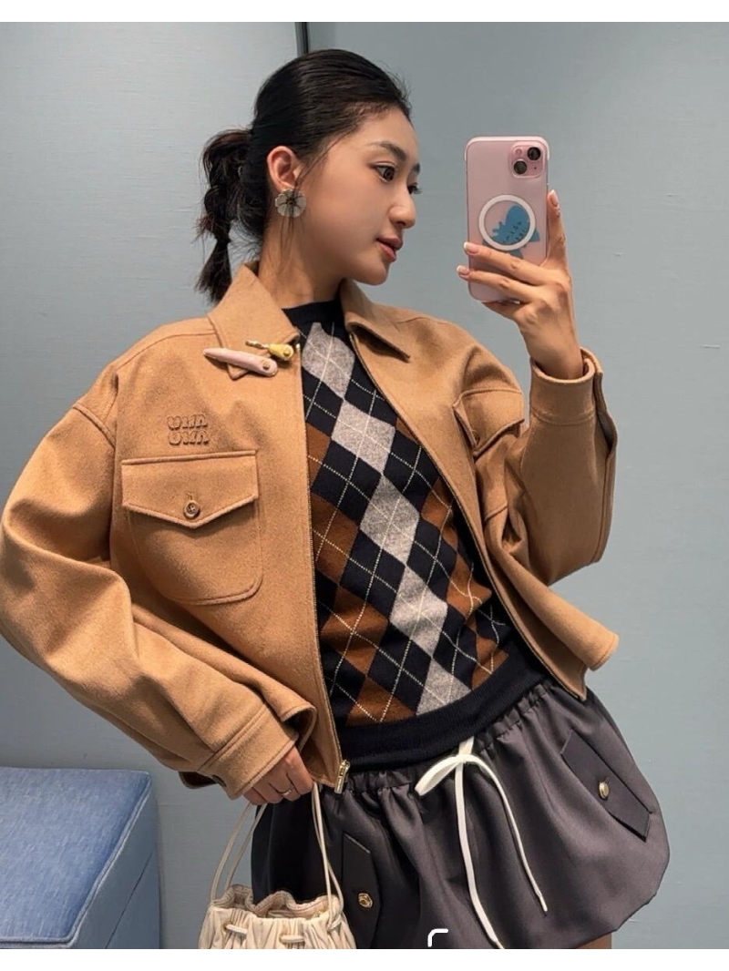 Miu Miu Classic Camel Zip-Front Short Jacket with Applique and Lapel Collar