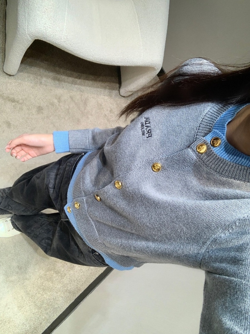 Prada Light Gray and Blue Letter Embroidered Single-Breasted Gold Button Knit Cardigan