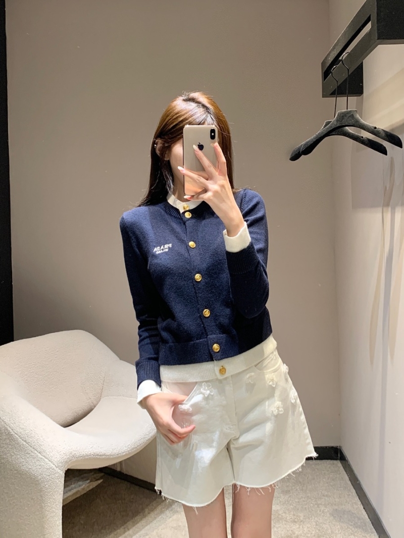 Prada Navy & White Letter-Embroidered Single-Breasted Gold Button Knit Cardigan