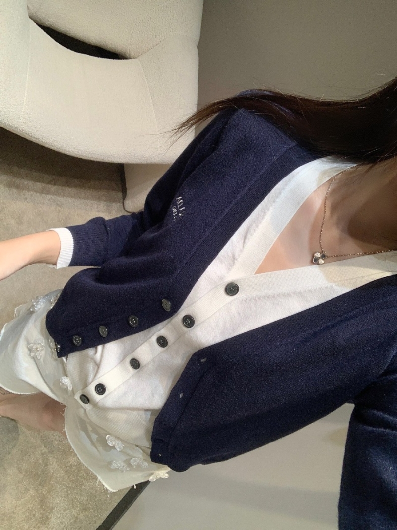 Prada Navy Blue Embroidered Logo Faux Two-Piece Knit Cardigan