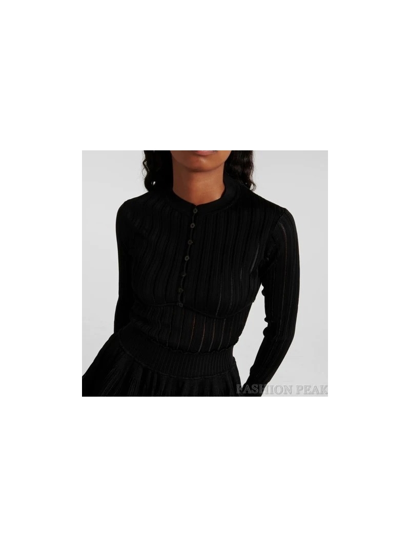 ALAIA Black Ribbed Cropped Cardigan with Front Button Closure