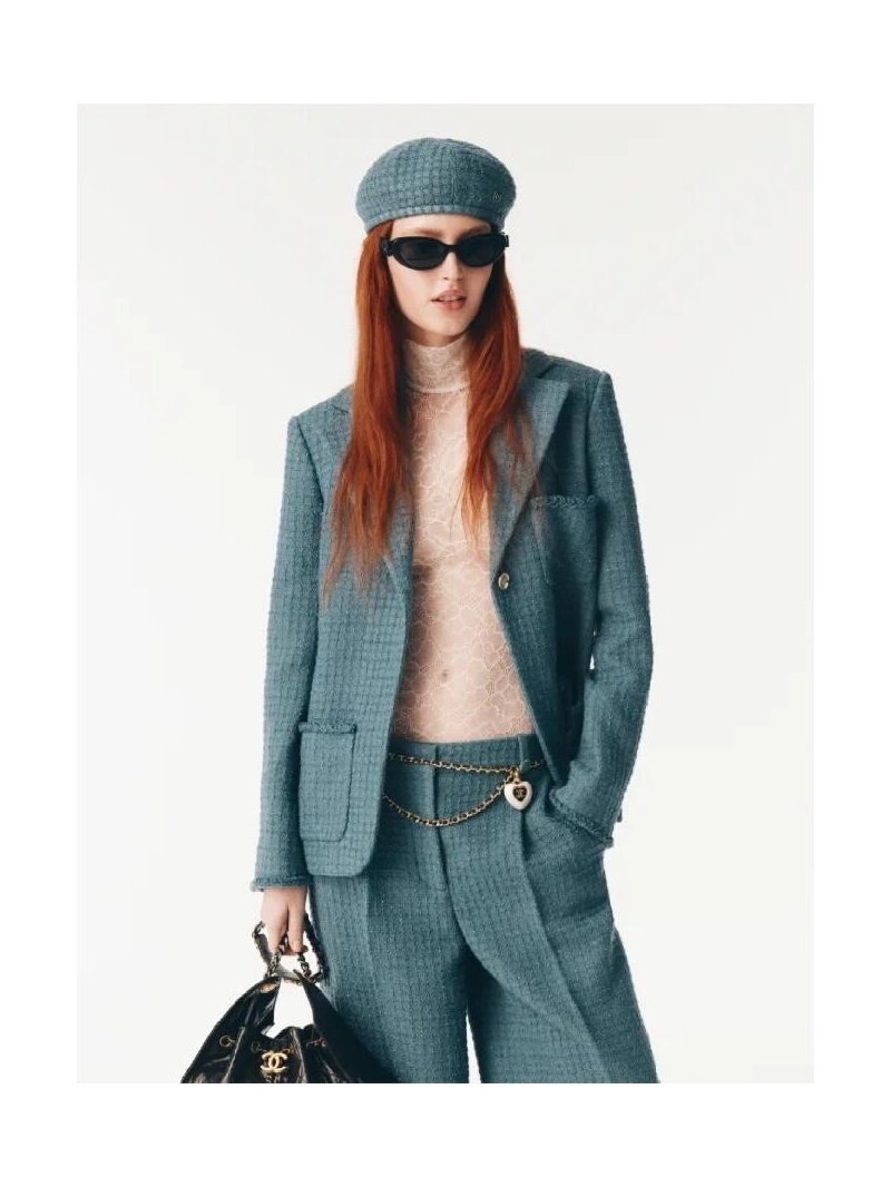 Chanel 25B Métiers d'Art Collection Peacock Green Textured Blazer | 100% Silk Lining | Classic Tailoring