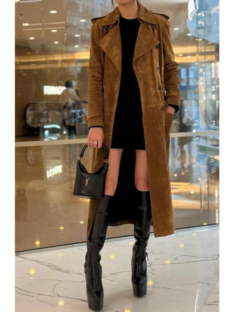 Saint Laurent SL P Haute Couture 100% Suede Lamb Leather Double-Breasted Trench Coat
