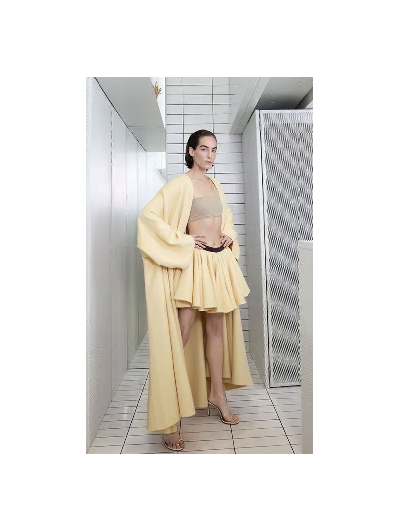 Alaia Fall/Winter Ruffle Hem Flared Mini Skirt in Soft Yellow, Handcrafted Double-Faced Wool Cashmere Blend with Dramatic Full Silhouette