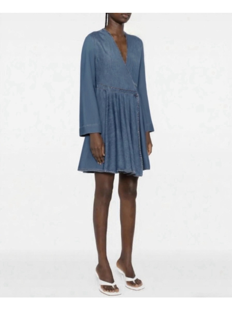 ALAIA Exclusive V-Neck Cinched Waist Asymmetrical Denim Shirt Dress