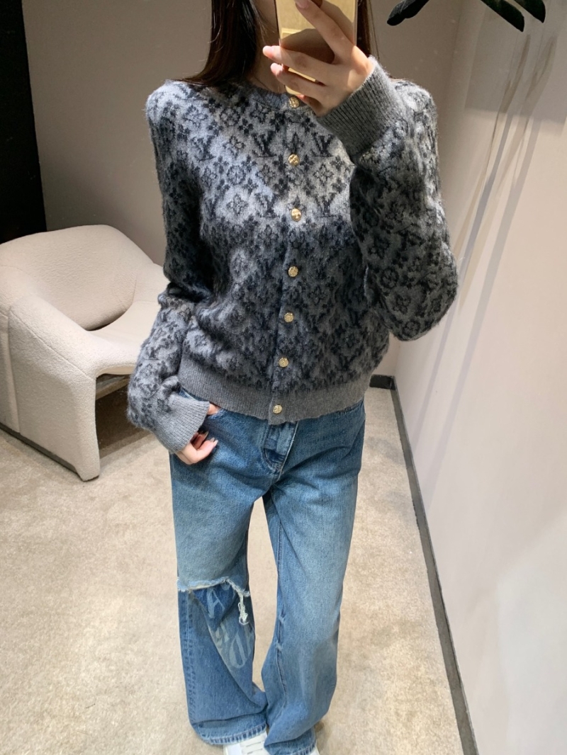 Louis Vuitton Gray Round Neck Jacquard Cashmere and Alpaca Blend Cardigan