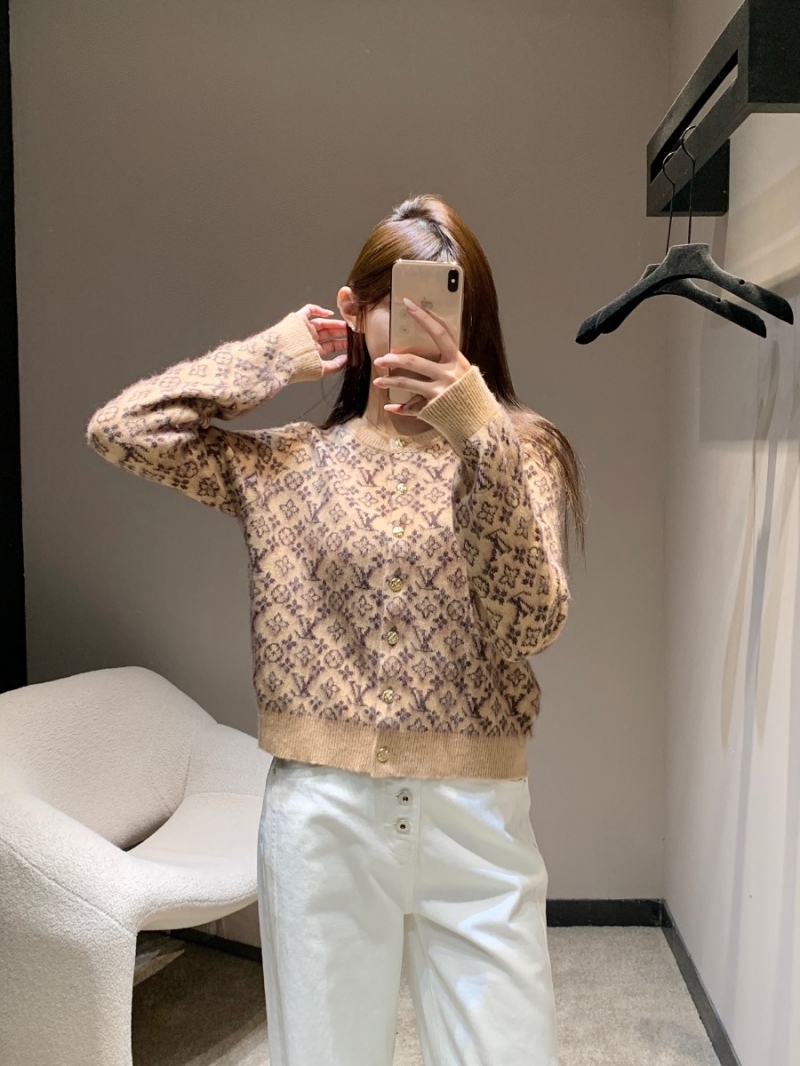 Louis Vuitton Monogram Cashmere Blend Round Neck Cardigan in Light Beige & Brown
