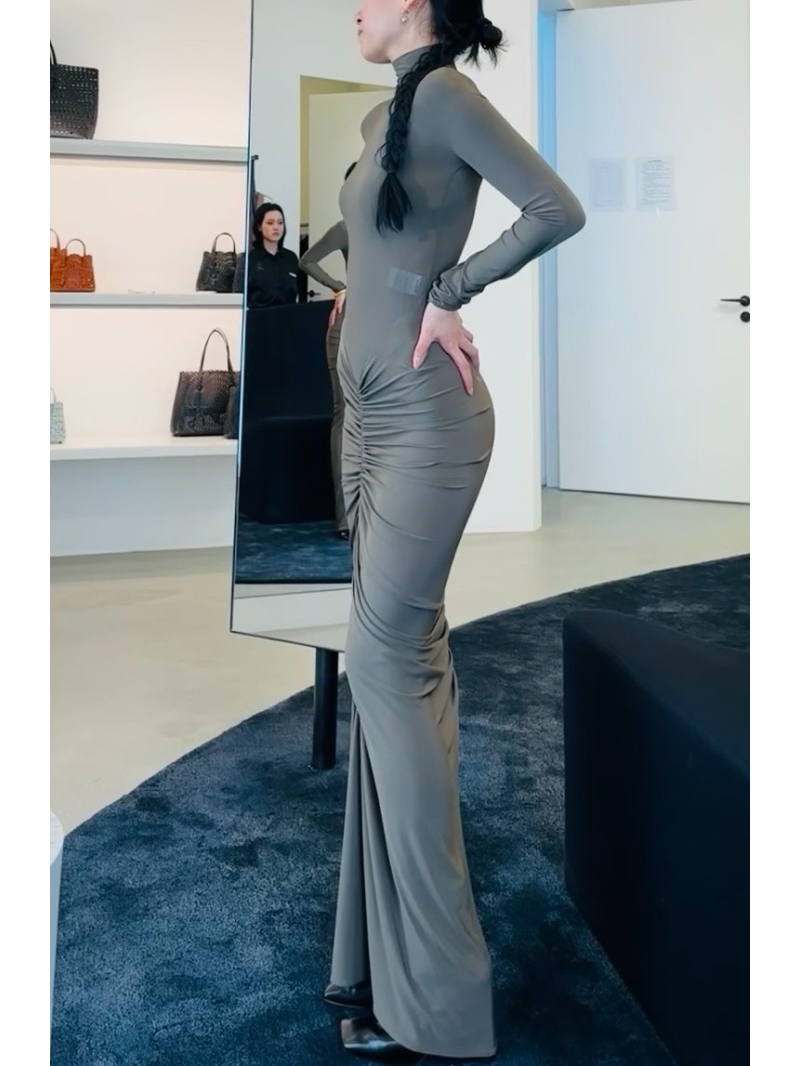 Alaia Exclusive Pleated High-Neck Dress in Sophisticated Gray