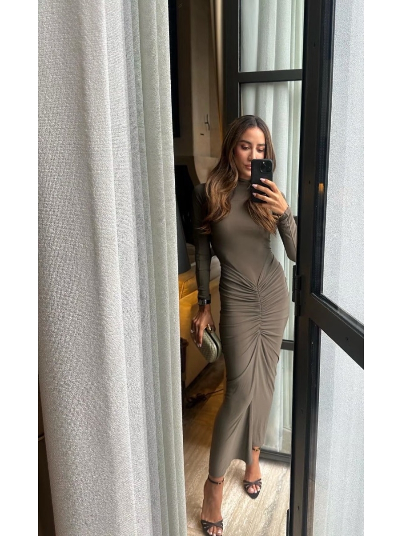 Alaia Exclusive Ruched Neck Elegant Dress in Olive Green - Luxe Stretch Fabric