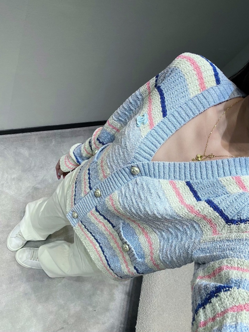 Chanel 2025FW Striped V-Neck Cardigan in Light Blue, White, Pink, and Navy