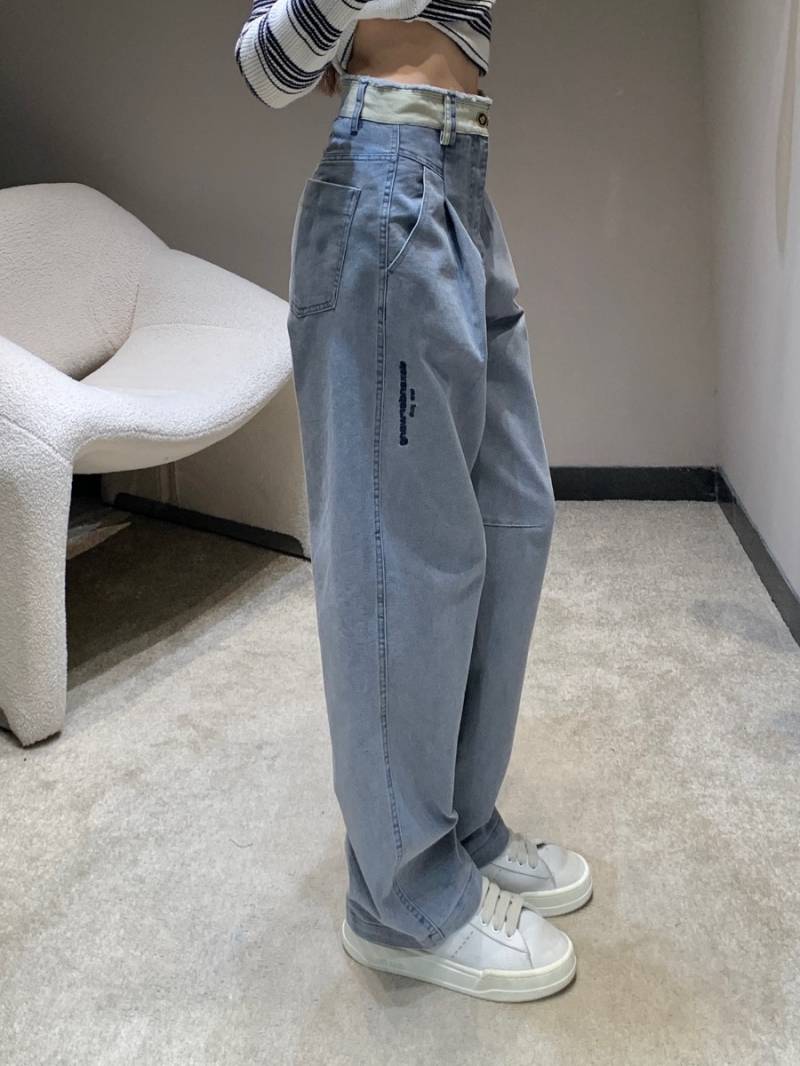 Alexander Wang 25FW Distressed Contrast Waist Raw-Hem Jeans in Light Blue and Blush Pink