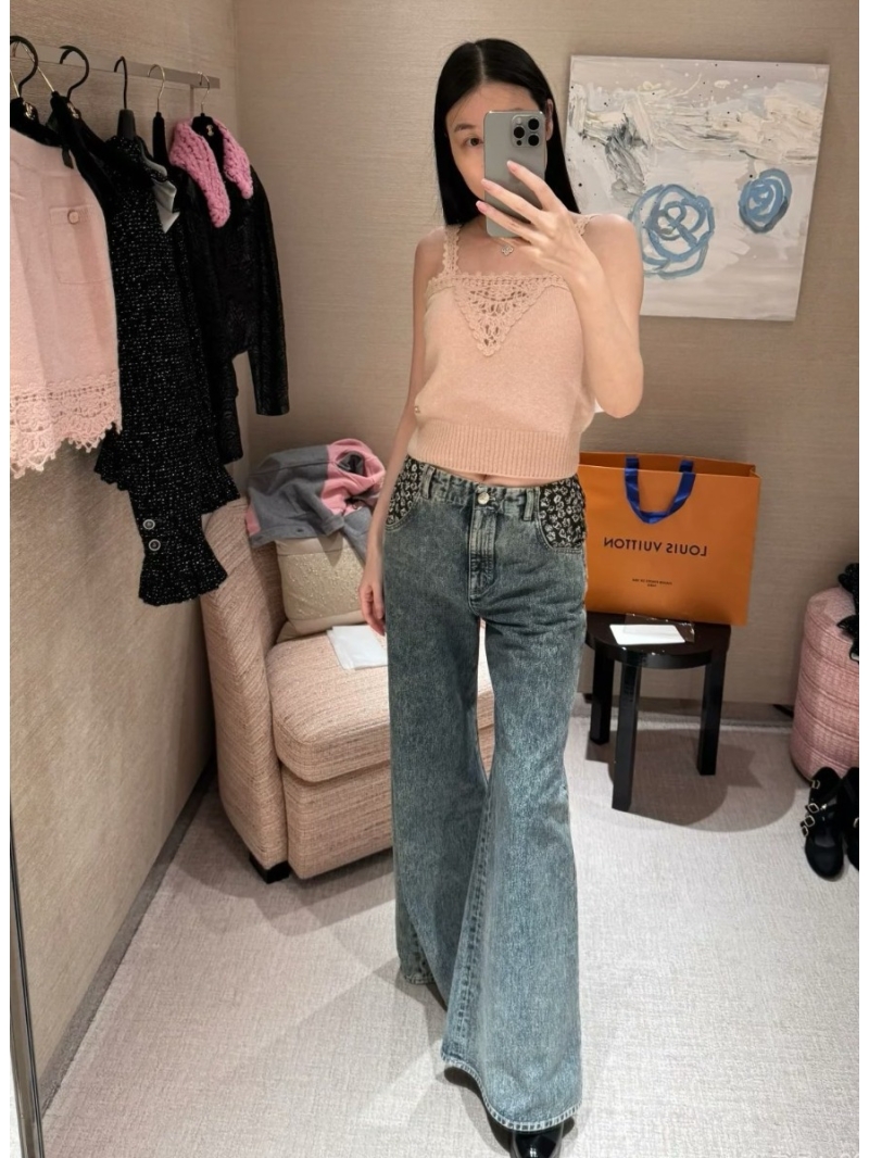 Chanel Coco Girl Painted Print Patchwork Wide-Leg Denim Jeans | Exclusive Organic Cotton