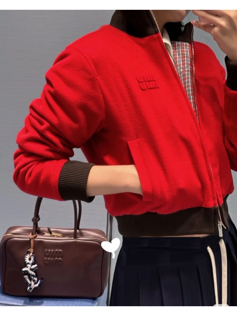 Miu Miu Red Wool-Blend Bomber Jacket with Embroidered Logo and Plaid Lining