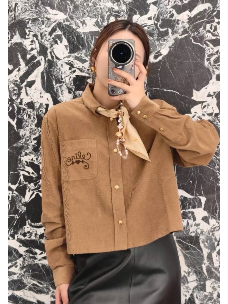 Celine New Season Intellectual Corduroy Shirt, Sophisticated Lapel with Metal Button Accents, Earthy Brown