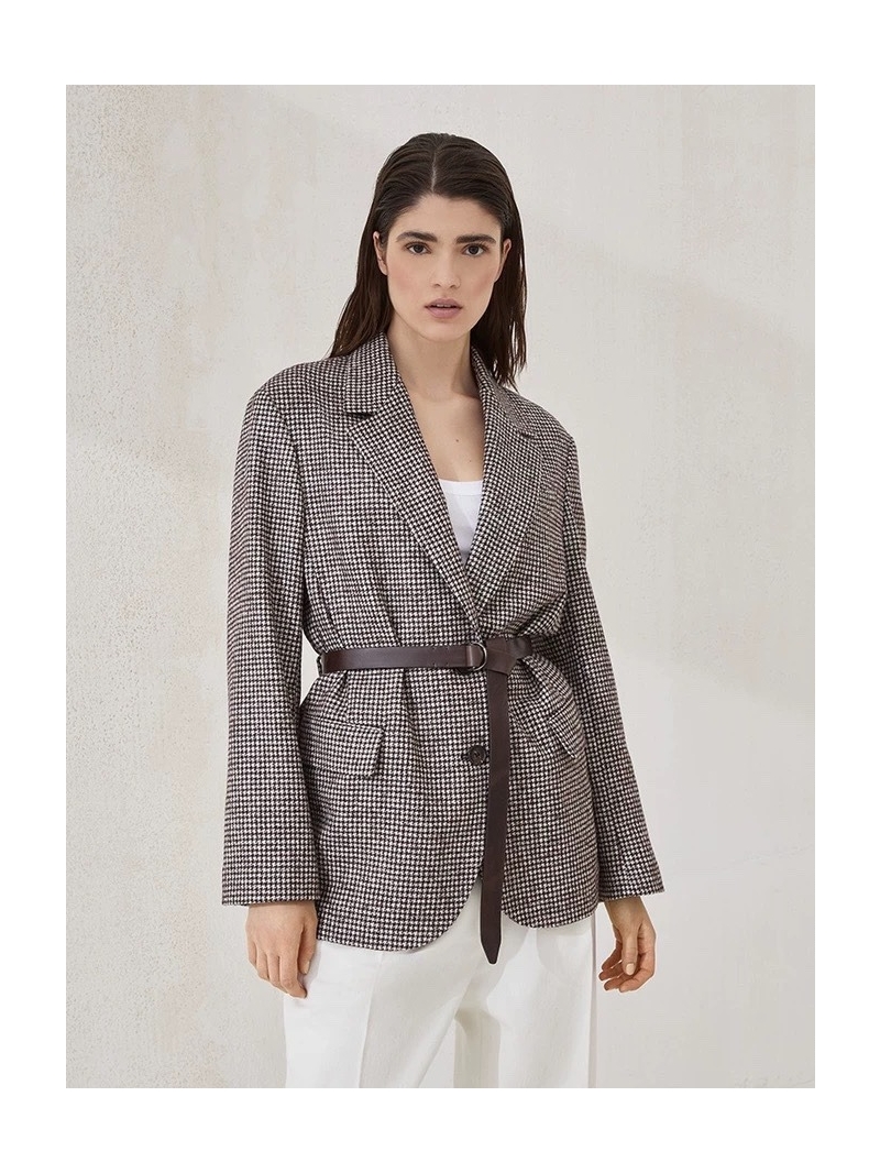 Brunello Cucinelli Exclusive Wool-Alpaca Houndstooth Blazer with Leather Belt - Timeless Elegance
