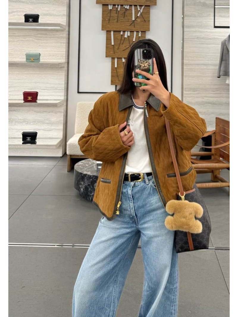 Celine Diamond Quilted Suede Jacket with Faux Leather Trim in Brown