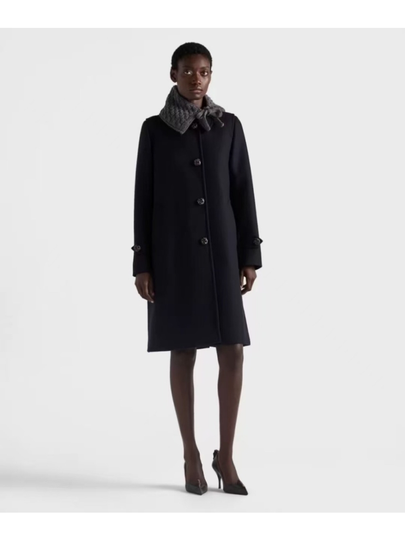 Prada Exclusive Wool Double-Breasted Mid-Length Coat in Deep Navy Blue