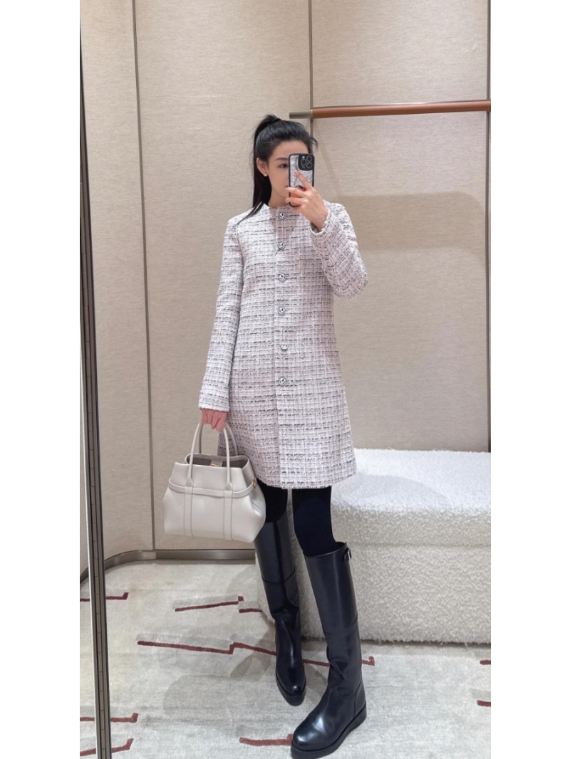 Loro Piana Mid-Length Tweed Coat in Pink | Wool, Linen & Cotton Blend | Stand Collar & Button Front